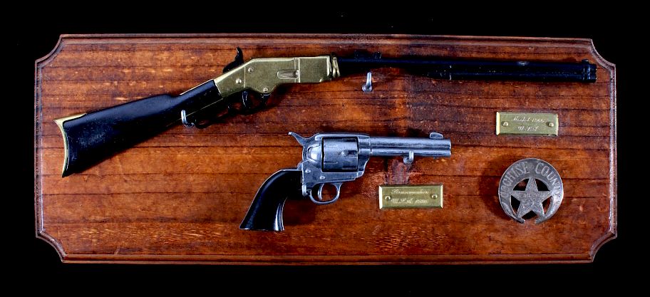 Appraisal: Denix Replica Miniature Firearm Display With Badge For auction is