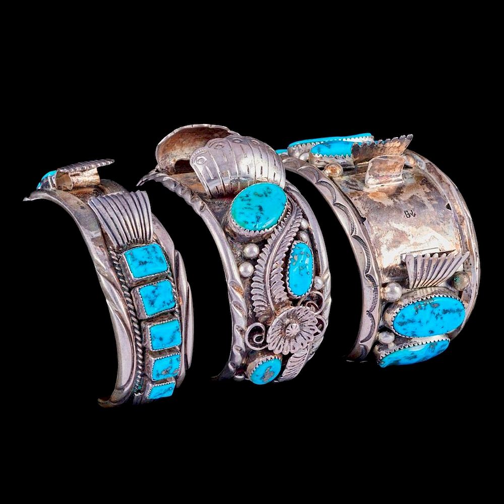 Appraisal: NAVAJO WATCH CUFF BRACELETS Three Old Pawn Southwest turquoise silver