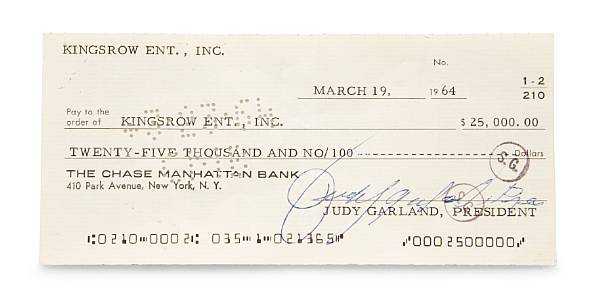 Appraisal: A Judy Garland signed check Drawn from the star's own