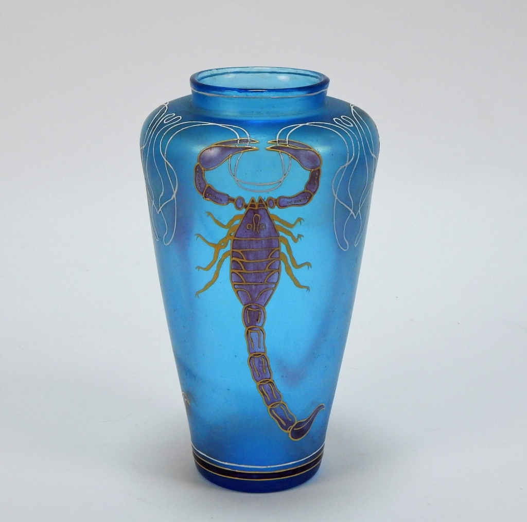 Appraisal: CZECH IRIDESCENT ENAMEL SCORPION ART GLASS VASE Czechoslovakia th CenturyBlue