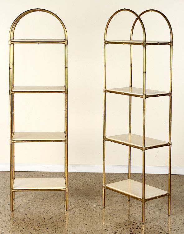 Appraisal: PAIR BRASS PARCHMENT FOUR SHELF ETEGERES C A pair of