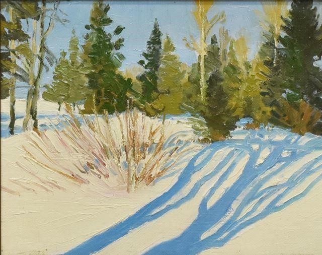 Appraisal: Framed oil on canvas board painting Winter Shadows unsigned Hollis