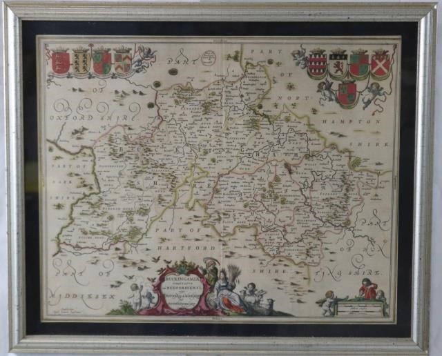 Appraisal: TH CENTURY COLORED MAP OF BUCKINGHAMSHIRE ANDBEDFORDSHIRE ALLEGORICAL PEASANT SCENE