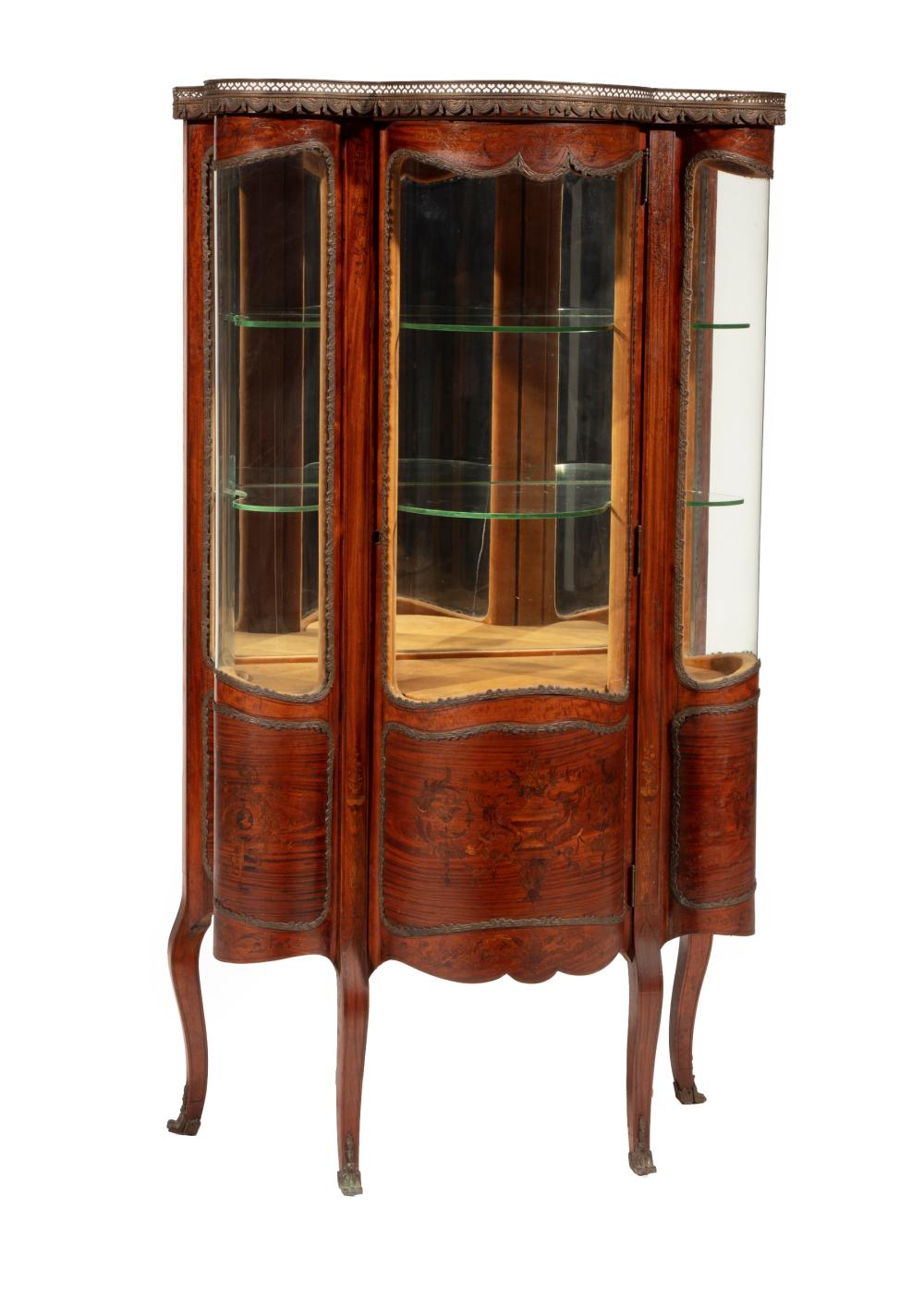 Appraisal: Antique French Louis XV-Style Bronze-Mounted Fruitwood and Marquetry Vitrine Cabinet