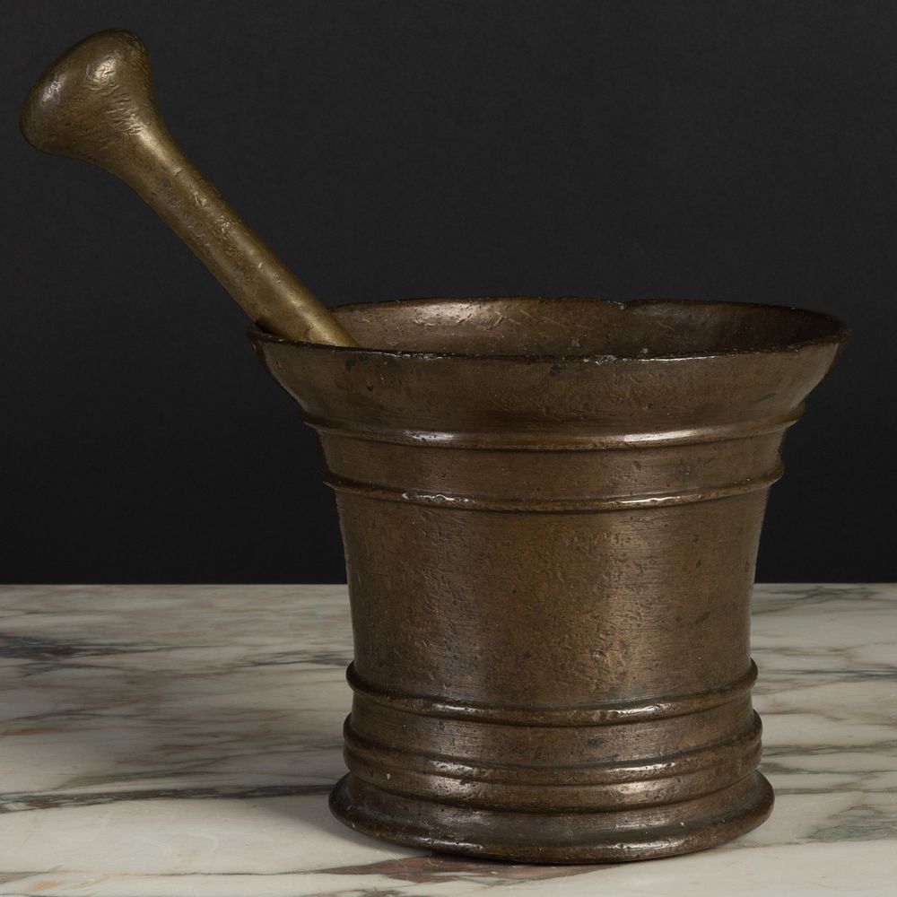 Appraisal: Large Continental Baroque Bronze Mortar And Pestle The mortar x