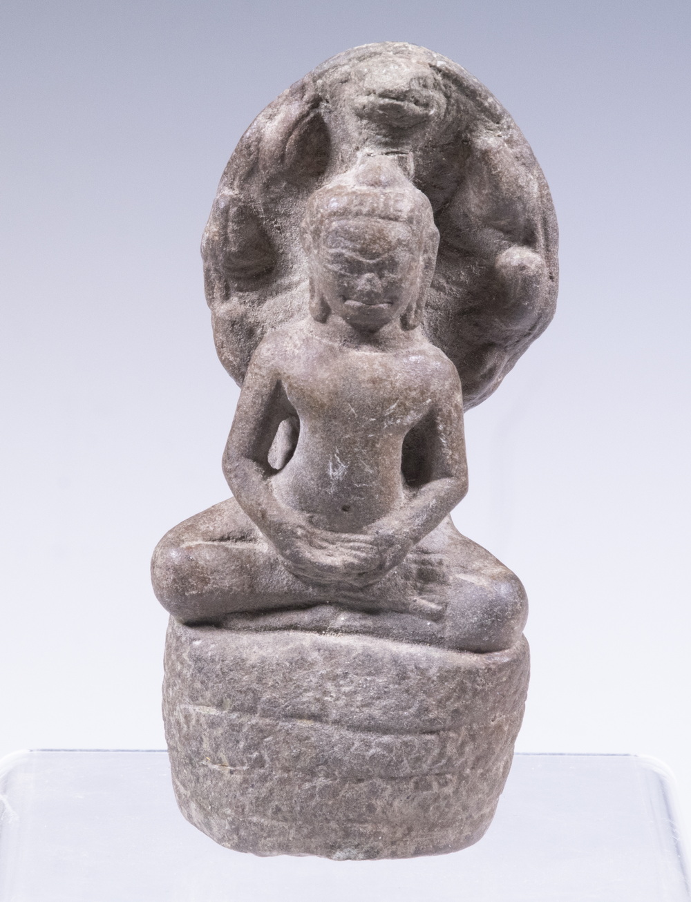 Appraisal: TH TRAVELER'S STONE ENTHRONED BUDDHA BURMA Grey stone seated on