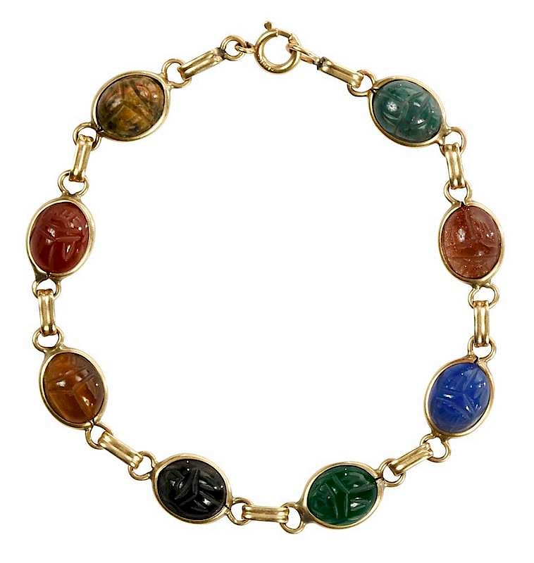 Appraisal: kt Scarab Bracelet assorted carved gemstones including sunstone blood stone