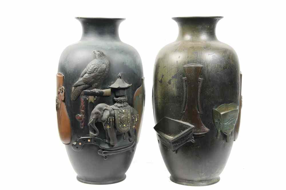 Appraisal: PAIR JAPANESE BRONZE TEMPLE URNS - Magnificent Pair of Meiji