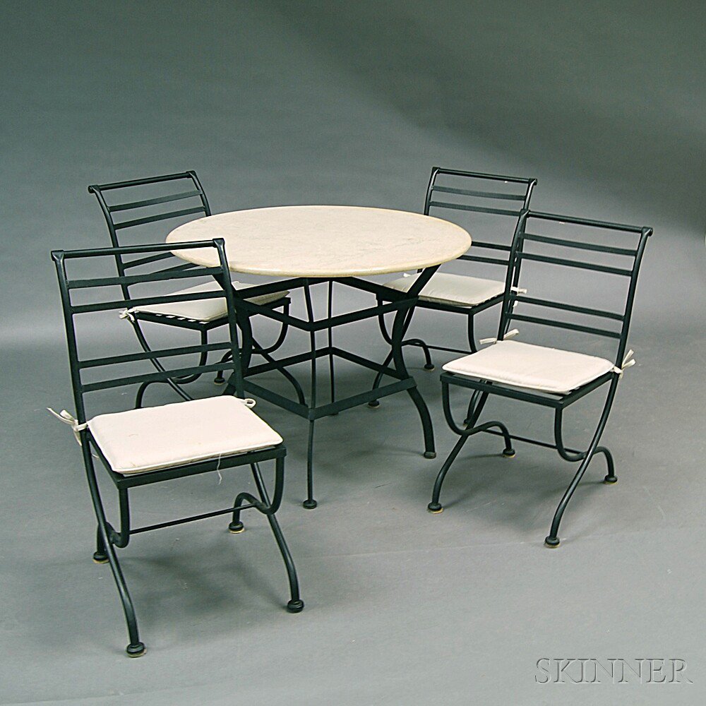 Appraisal: Italian Wrought Iron Composition Stone-top Table and Four Chairs Estimate