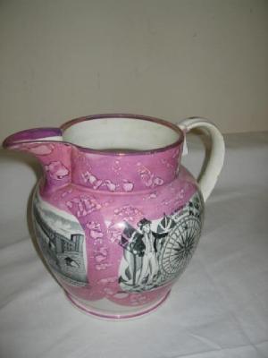 Appraisal: A SUNDERLAND PINK LUSTRE JUG of baluster form printed in