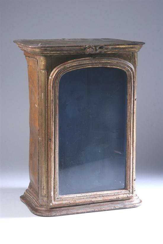 Appraisal: VENETIAN LEATHER AND CARVED GILTWOOD TABLETOP VITRINE th century -