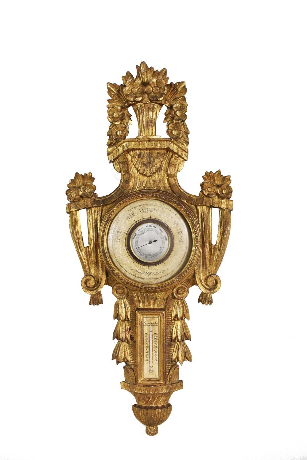 Appraisal: LOUIS XVI STYLE GILTWOOD BAROMETER THERMOMETRE Carved with neoclassical motifs