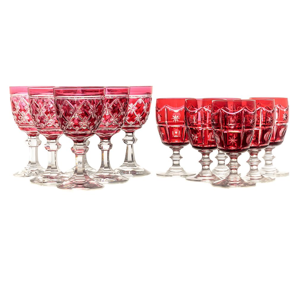 Appraisal: Twelve Cranberry Cut to Clear Glass Water Goblets Two different