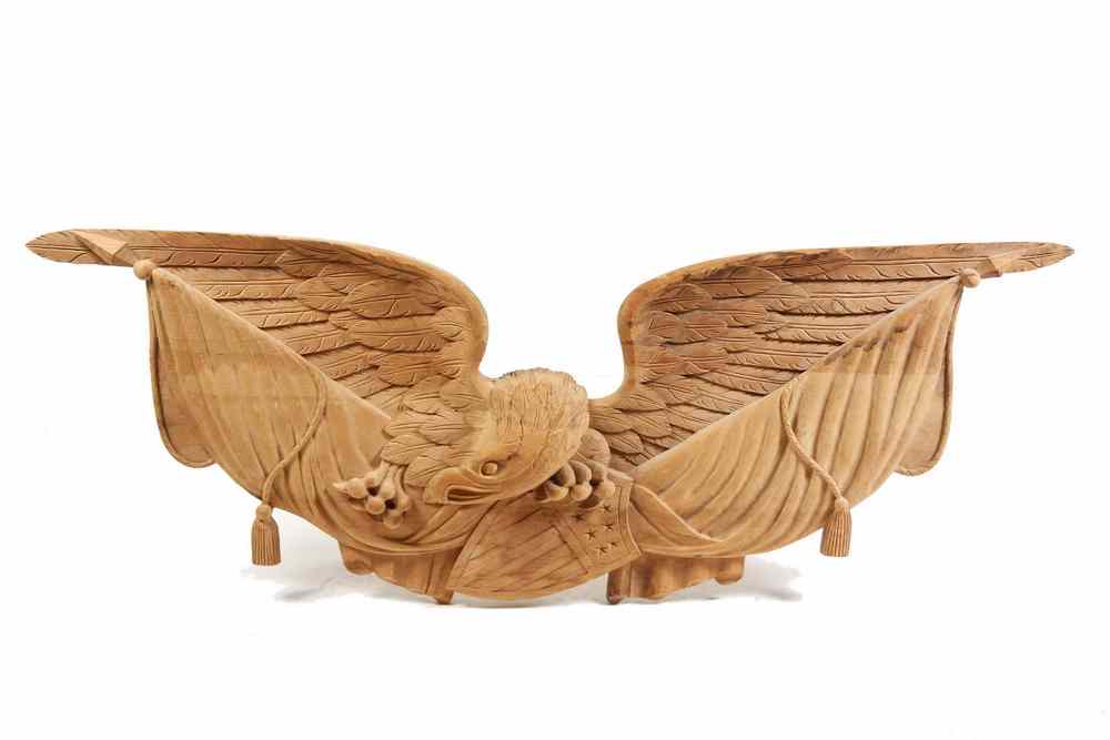 Appraisal: EAGLE PLAQUE - Large Carved Softwood Spread Wing American Eagle