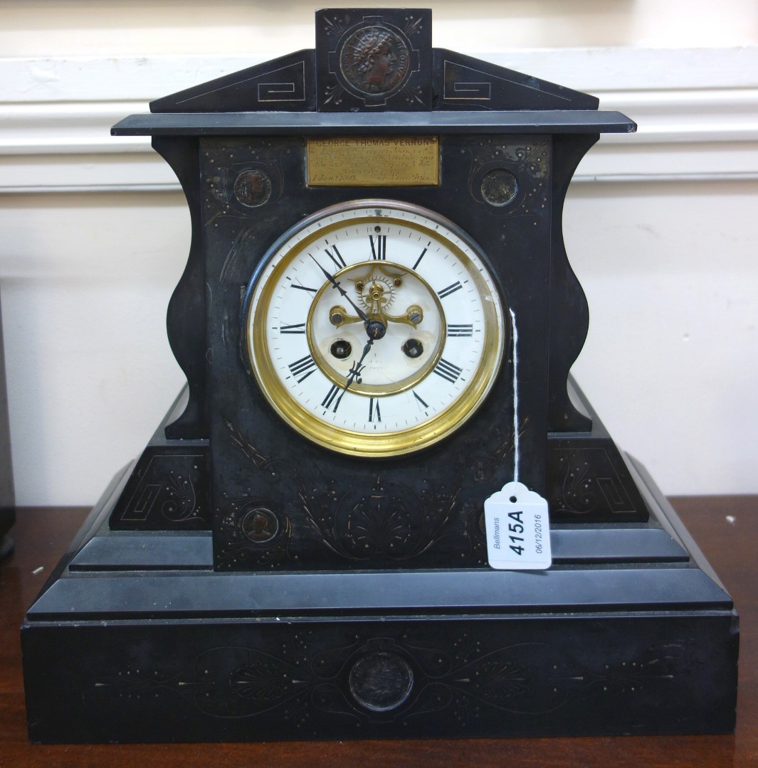 Appraisal: A French black marble mantel clock circa by S Marti