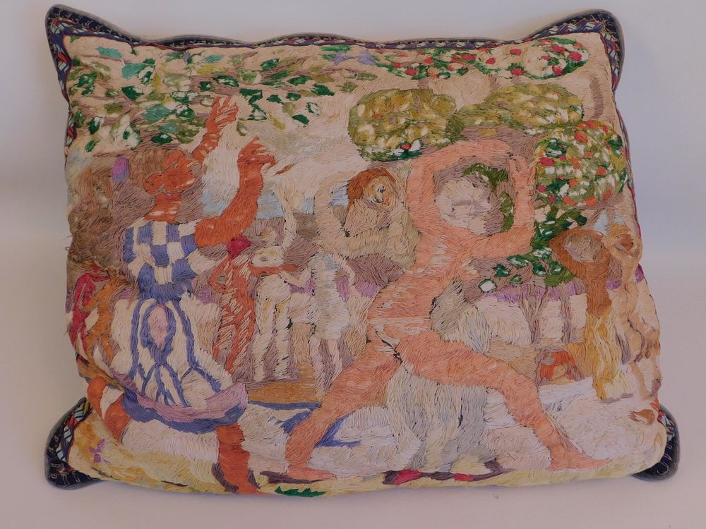 Appraisal: OLD CHENILLE PICTORIAL PILLOW Old hand crafted and embroidered chenille