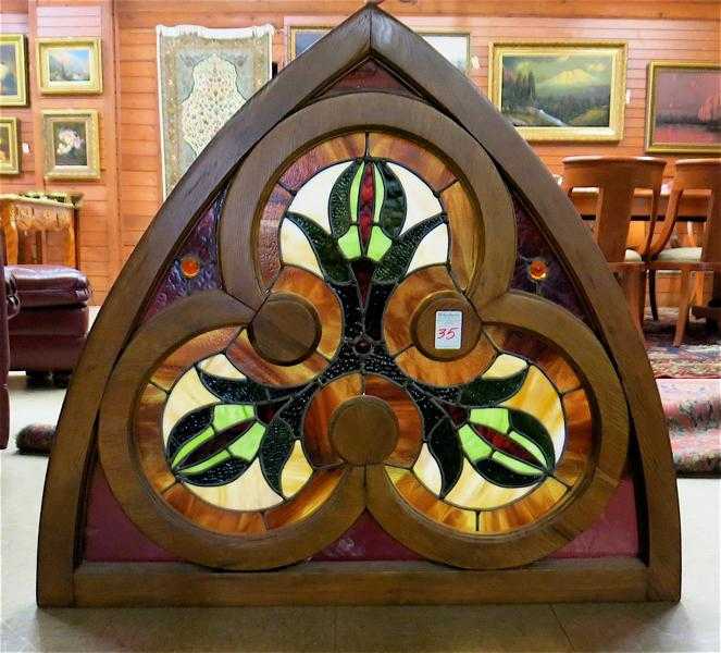 Appraisal: STAINED AND LEADED GLASS CHURCH WINDOW Gothic Revival style trefoil