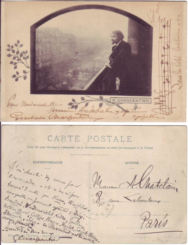 Appraisal: CHARPENTIER GUSTAVE Two postcards Autograph Musical Quotation Signed and Inscribed