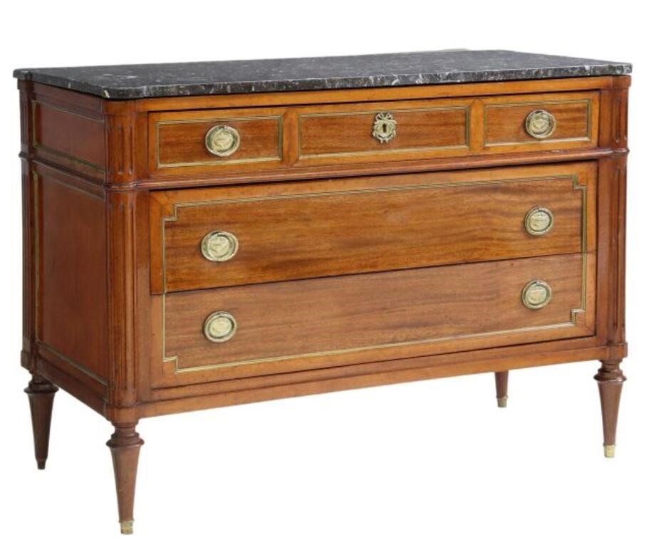 Appraisal: French Louis XVI style mahogany commode th c shaped marble