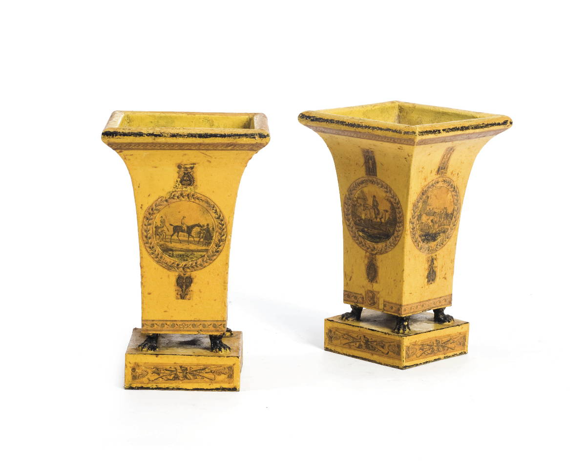 Appraisal: PAIR OF REGENCY TRANSFER-PRINTED AND PAINTED YELLOW-GROUND TOLE JARDINIERES EARLY