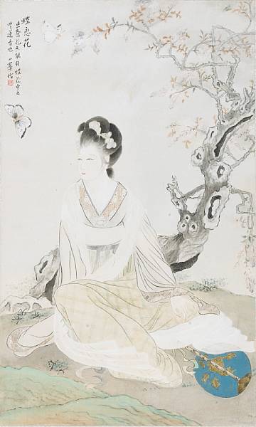 Appraisal: Property of various owners Lady and Butterflies Hanging scroll ink