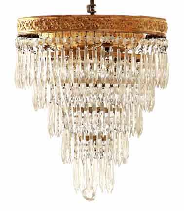 Appraisal: Brass and crystal basket-form hall fixture three-light ceiling plate supporting