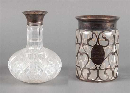 Appraisal: American silver-mounted cut glass water bottle and a silver overlay