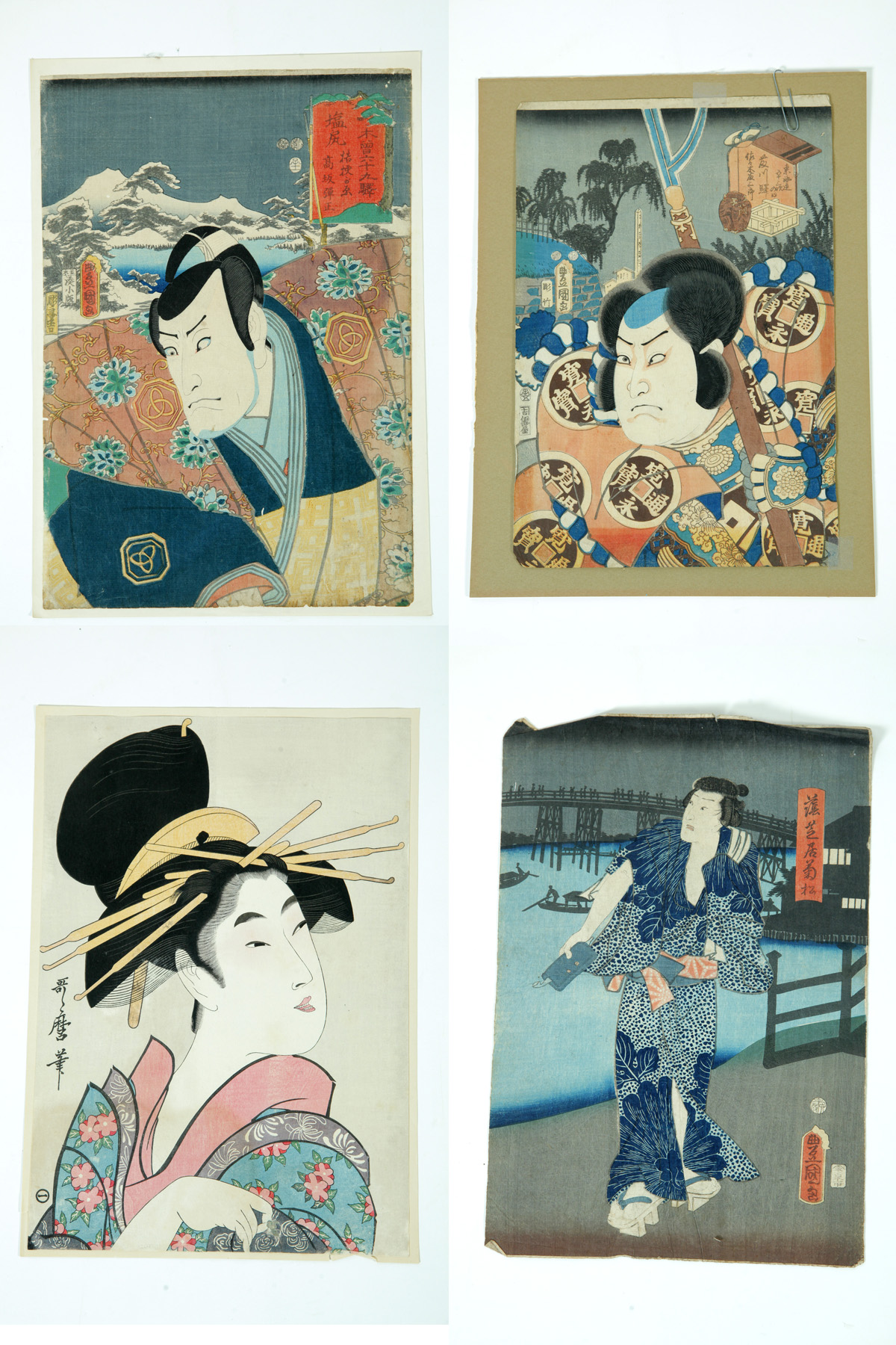 Appraisal: FOUR JAPANESE WOODBLOCK PRINTS Late th century Two samurai man