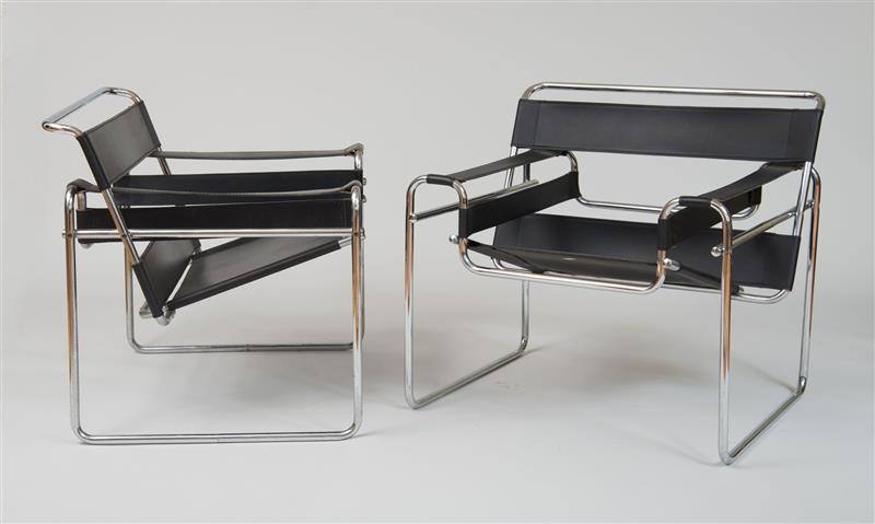 Appraisal: Pair of Wassily Chairs Marcel Breuer c Tubular chrome leather