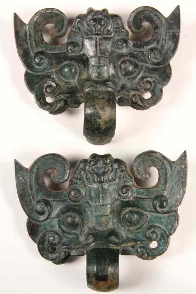 Appraisal: PAIR OF LARGE BRONZE HAN DYNASTY TAOTIE MASK HANDLES -Cast