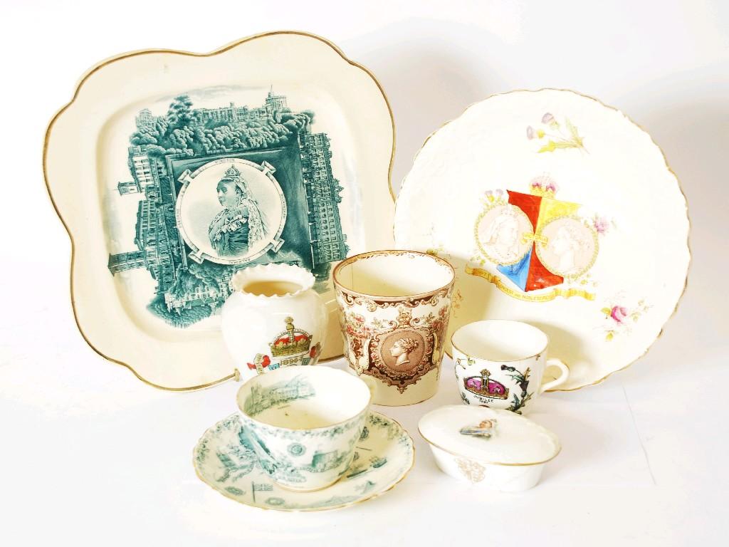 Appraisal: SEVEN PIECES OF QUEEN VICTORIA ROYAL COMMEMORATIVE CHINA AND POTTERY