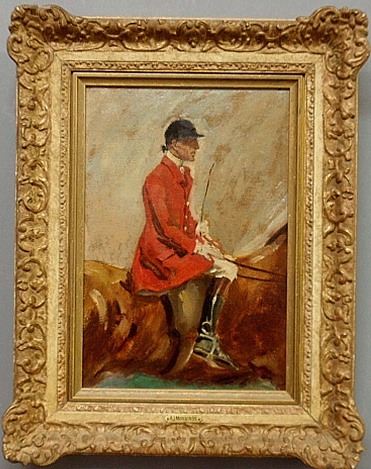 Appraisal: - Oil on board painting of a mounted gentleman fox