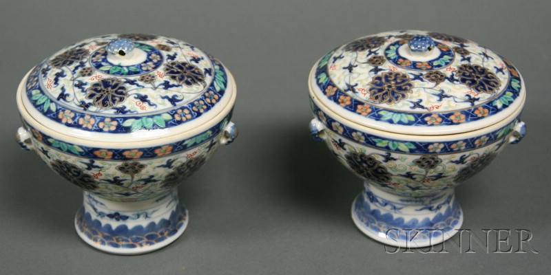 Appraisal: Pair of Covered Pedestal Bowls China th century Tou Tsai