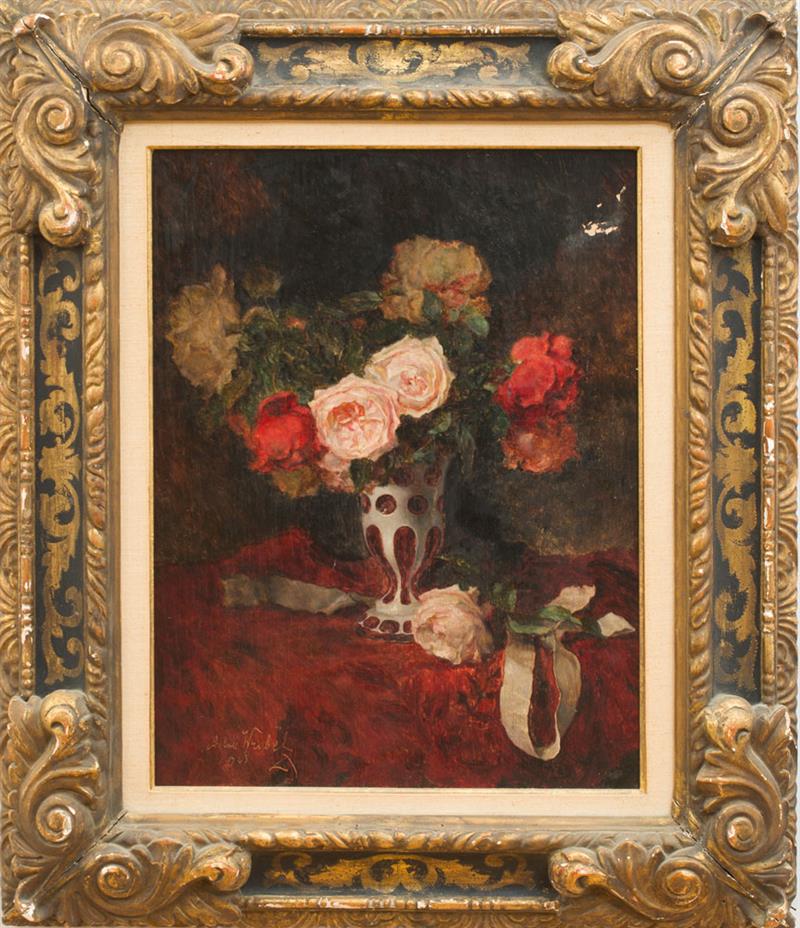 Appraisal: European School Still Life with Flowers Oil on board indistinctly