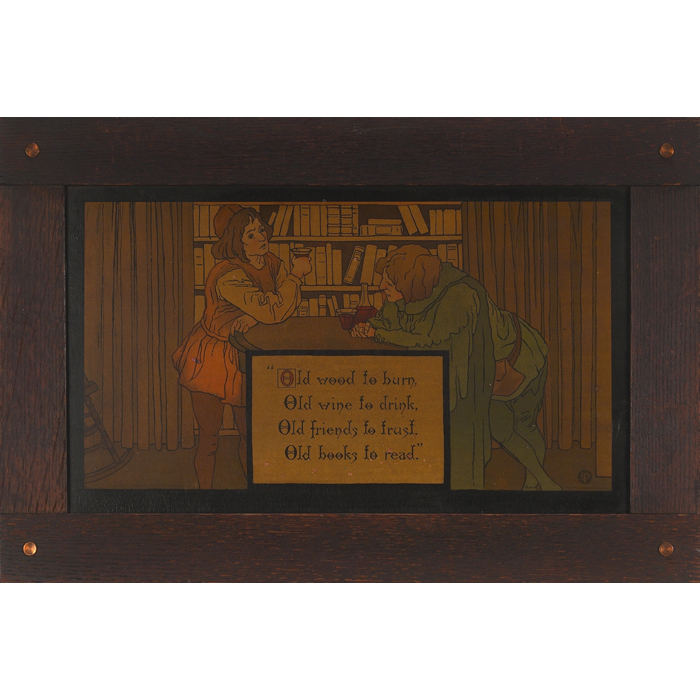 Appraisal: Arts and Crafts print colorful interior scene with figures and