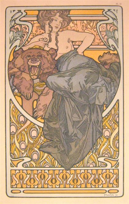 Appraisal: piece Chromolithograph Mucha Alphonse Woman on a bearskin rug Document