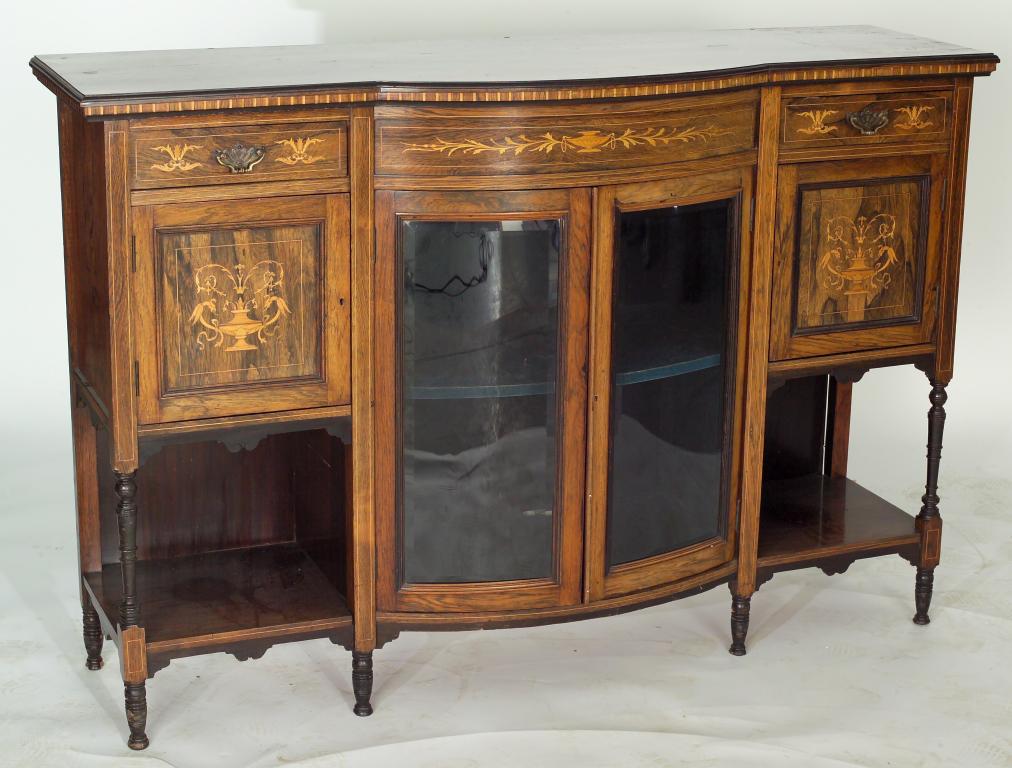 Appraisal: EDWARDIAN INLAID ROSEWOOD VITRINE CABINET of breakfront form with a