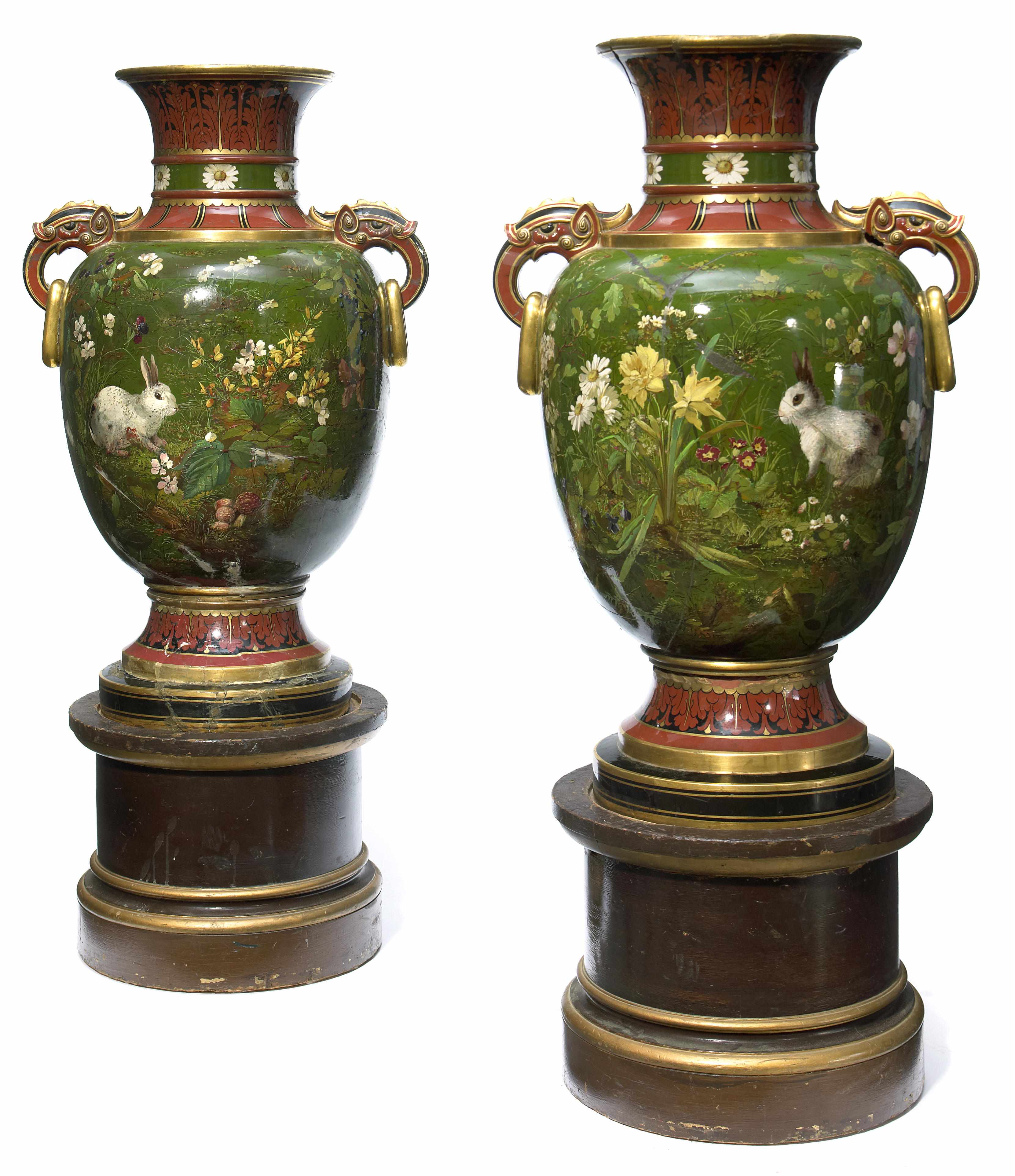 Appraisal: A monumental pair of Mintons glazed earthenware floor vases date