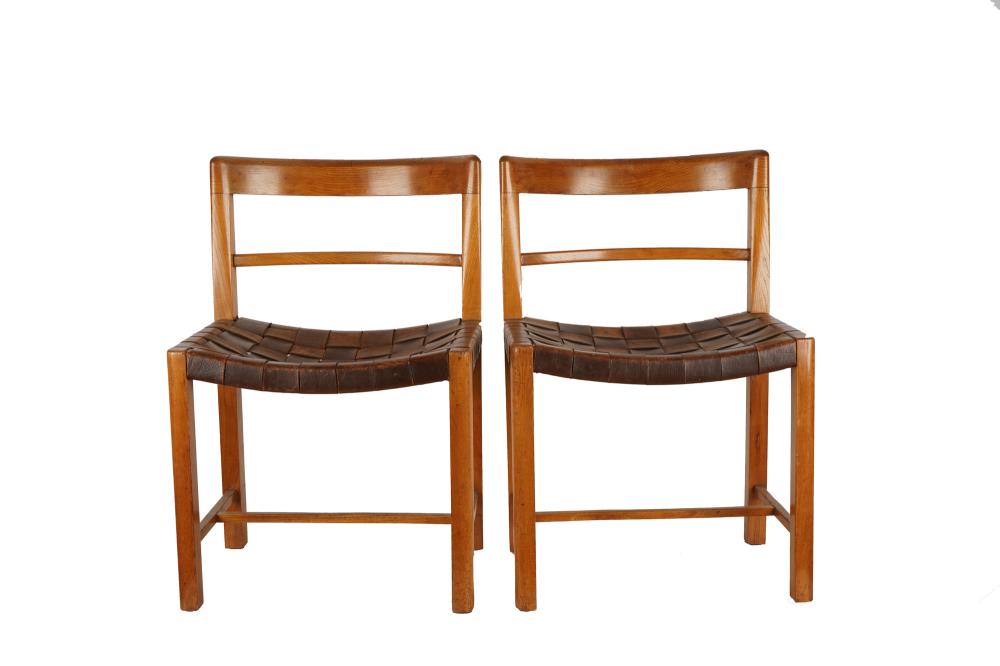 Appraisal: MAGNUS STEPHENSON - PAIR OF CHAIRScirca teak with woven leather