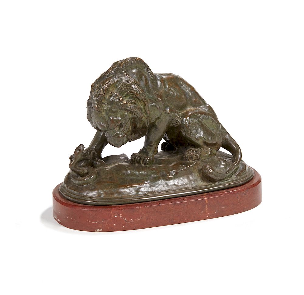 Appraisal: Bronze Figural Group of Lion Fighting a Snake After Antoine