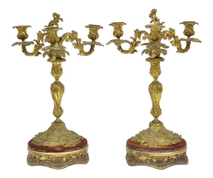 Appraisal: A PAIR OF TH CENTURY GILT BRONZE THREE BRANCH CANDELABRA