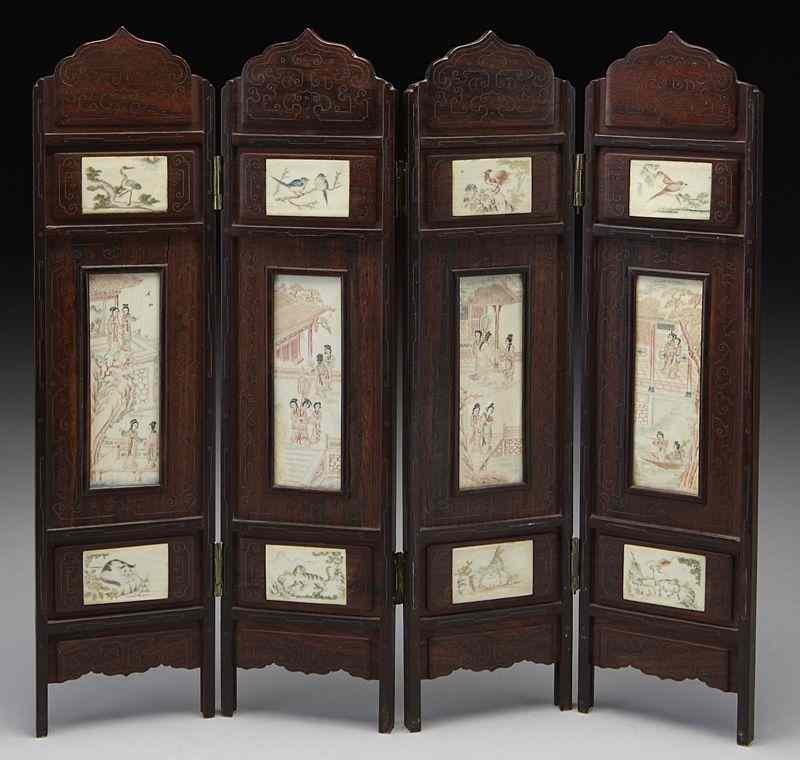 Appraisal: Chinese ivory inlaid rosewood table screen International buyers should note