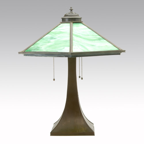 Appraisal: REVERE Copper and slag glass lamp its faceted shade with