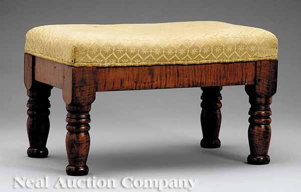 Appraisal: An American Classical Tiger Maple Footstool c Tennessee upholstered rectangular