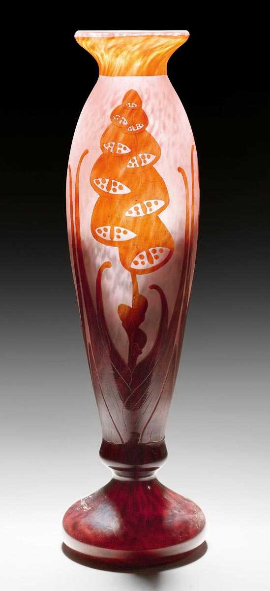 Appraisal: SCHNEIDER DIGITALES VASE circa Acid-etched pink glass with red overlay