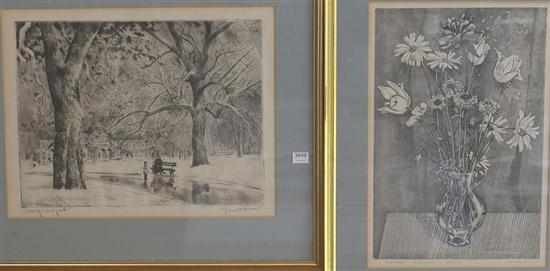 Appraisal: EUROPEAN SCHOOL TWO ETCHINGS i STILL LIFE ii WINTERS SCENE