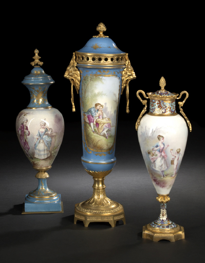 Appraisal: French Gilt-Brass- and Champleve Enamel-Mounted Porcelain Covered Two-Handled Garniture Vase