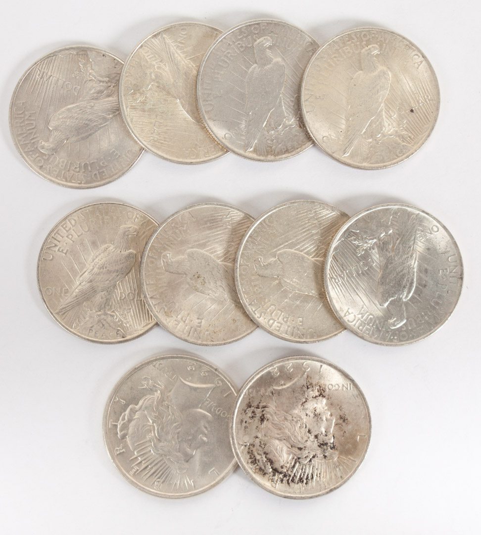 Appraisal: U S Silver Dollars Ten Peace type six MS- three