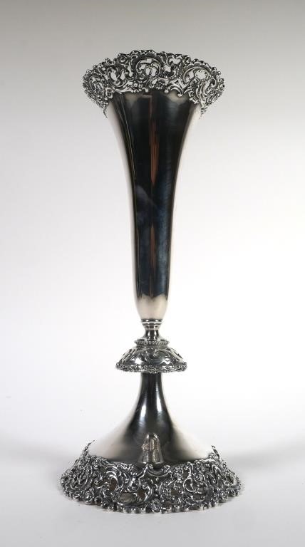 Appraisal: Circa s American sterling silver trumpet vase with openwork rim