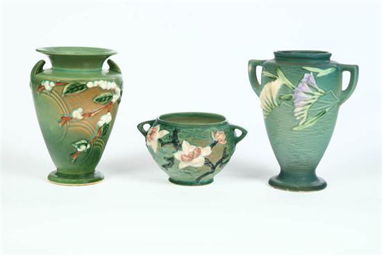 Appraisal: THREE ROSEVILLE VASES All double handled and with green matte